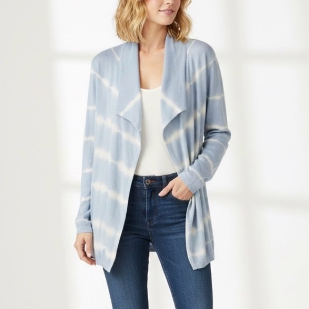 CALVIN KLEIN Light Blue White Tie Dye Stripe Longline Cardigan Sweater Top XL